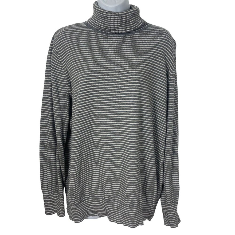 LL Bean Cotton Cashmere Turtleneck Sweater Womens XL Gray Stripe Top Classic